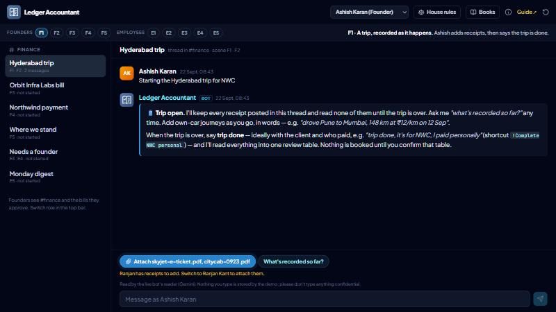 K2 Ledger chat thread screen, showing the bot reading a trip's receipts before booking